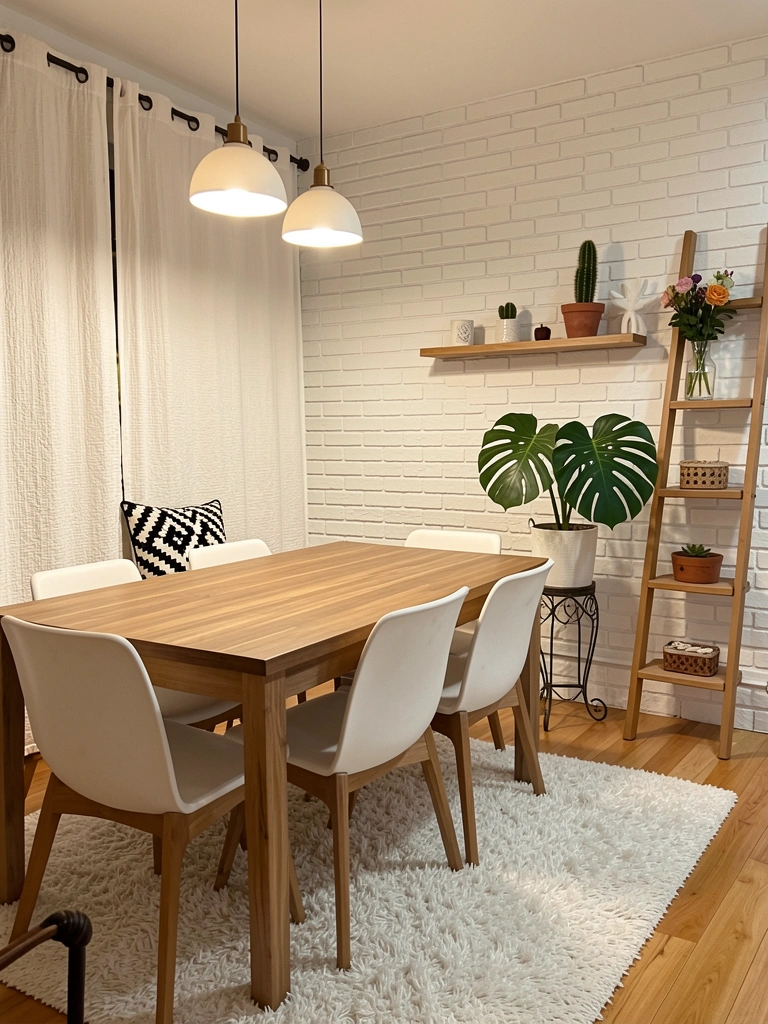 Mesa de madeira com cadeiras brancas, tapete felpudo branco e almofada geométrica preta e branca sob luz pendente, parede de tijolos brancos ao fundo.