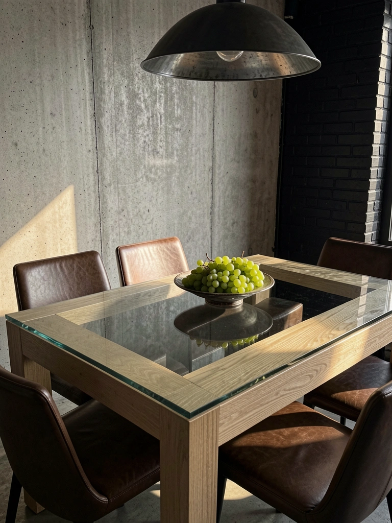 Mesa de madeira clara com tampo de vidro refletindo o teto, cadeiras de couro marrom, tigela com uvas verdes, parede de concreto texturizado e tijolos pretos, luminária pendente industrial, luz natural.