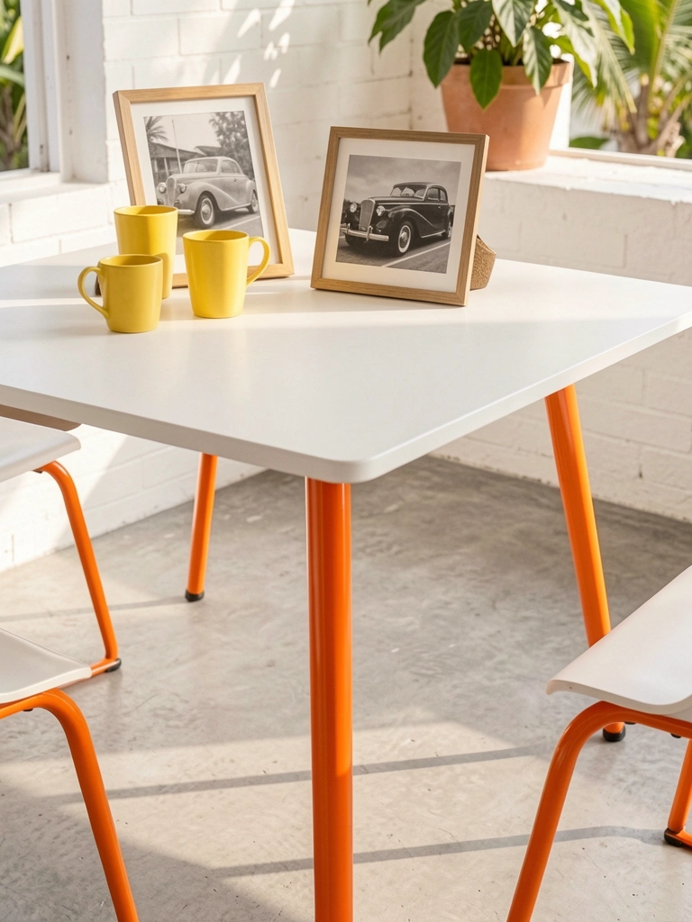 Mesa branca com pés laranja metálicos sobre piso cinza, xícaras amarelas e vaso de folhas verdes ao fundo, luz natural.