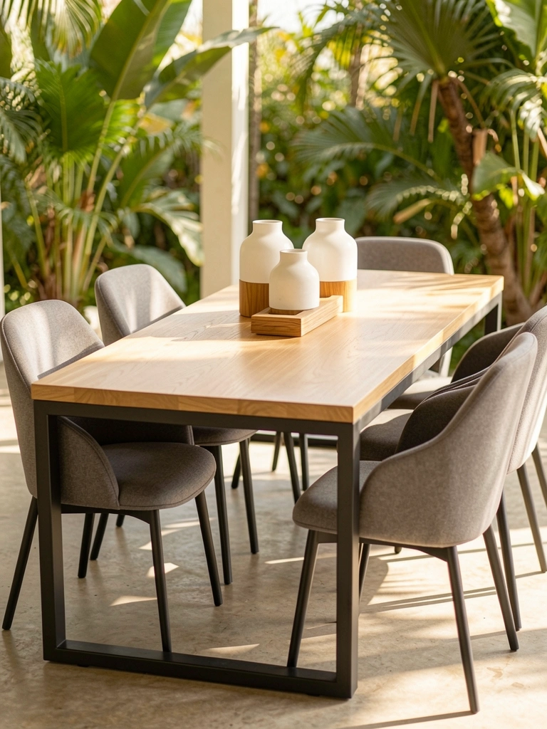 Mesa retangular de madeira clara com estrutura metálica escura, seis cadeiras estofadas cinza, três vasos de cerâmica branca com base de madeira e luz natural difusa ao fundo.