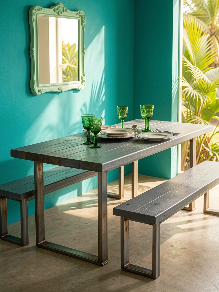 Mesa retangular cinza escura com pés de metal, suporte de vidros verdes e bandeja metálica, parede verde-água e espelho com moldura verde-clara.