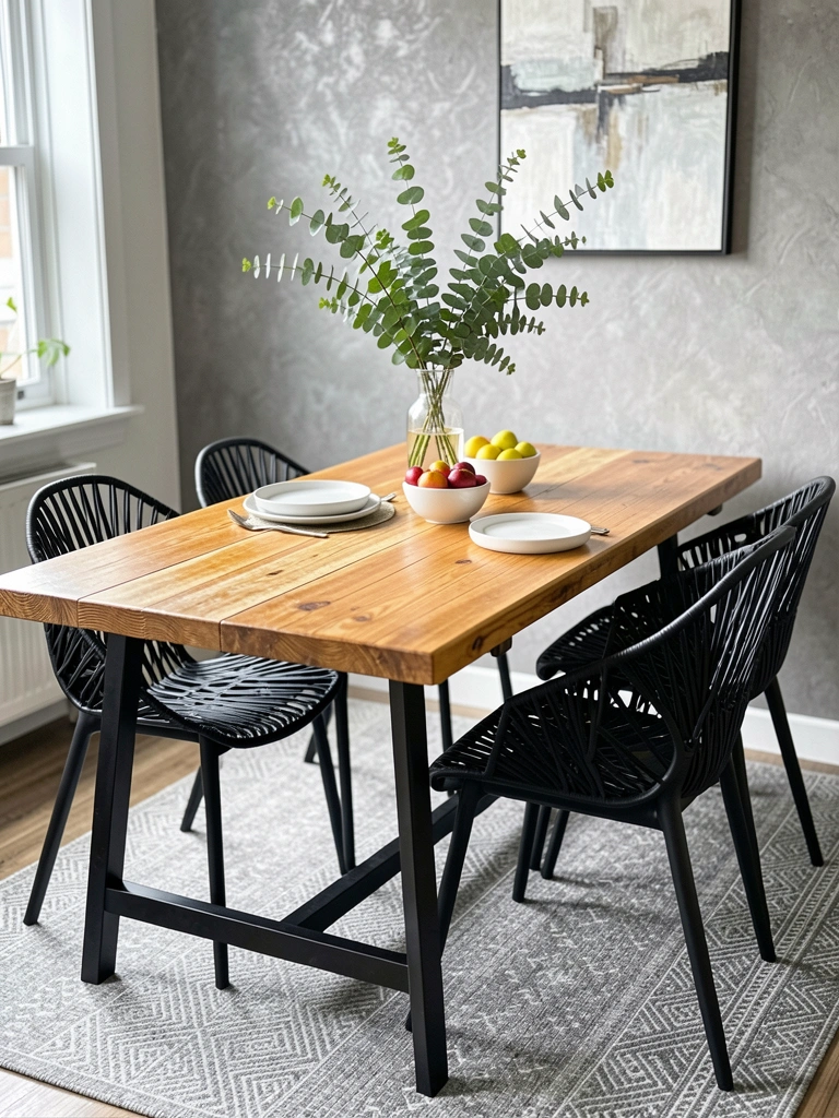 Mesa de madeira com tampo rústico e pernas de metal preto, cadeiras assimétricas de plástico trançado, vaso de vidro com eucalipto e luz natural suave.