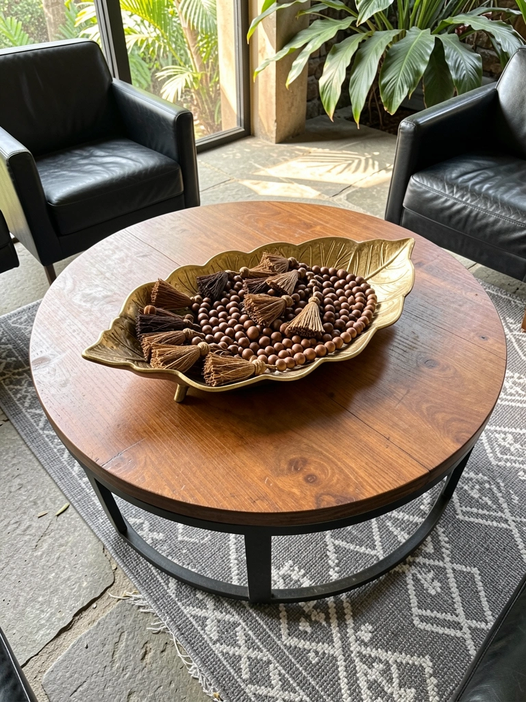 Mesa de centro redonda de madeira com estrutura de metal escuro, bandeja folheada a ouro com miçangas e pingentes marrons, sobre tapete cinza e branco xadrez, luz natural suave e plantas ao fundo.