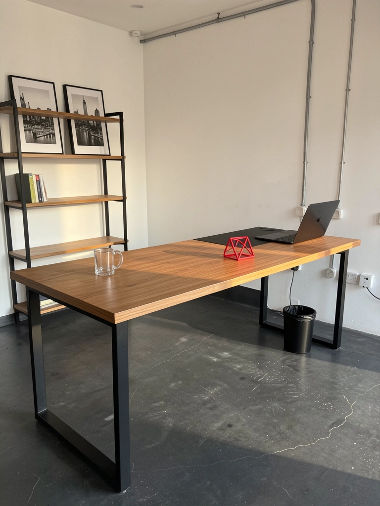 Laptop sobre mesa de madeira com canto em L, gaveteiro geométrico vermelho e caneca de vidro, luz natural e prateleira com quadros em preto e branco.