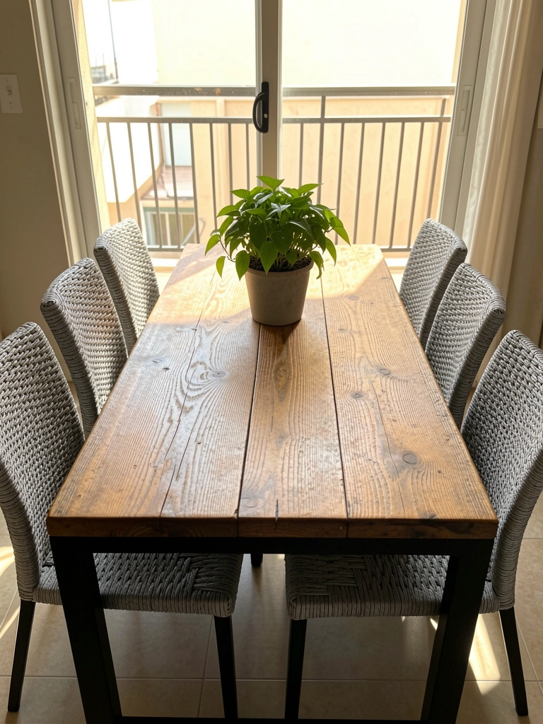 Mesa de madeira rústica com estrutura metálica preta, cercada por seis cadeiras cinza tecidas; vaso de planta verde ao centro e luz natural vinda da varanda.