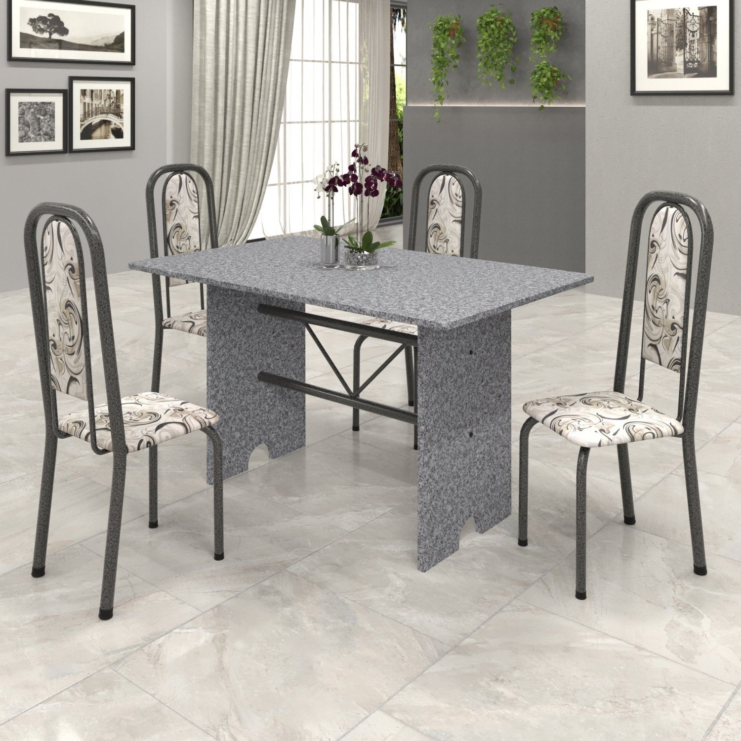 conjunto mesa granito preta 4 cadeiras