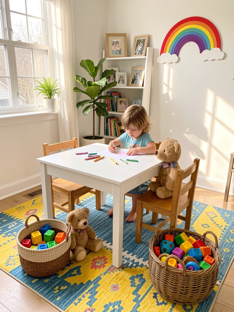 Criança desenha com giz de cera sobre papel em mesa branca de madeira, urso de pelúcia ao lado, cestos com blocos coloridos e brinquedos no chão, estante com fotos ao fundo, arco-íris na parede, luz natural entrando por janela.
