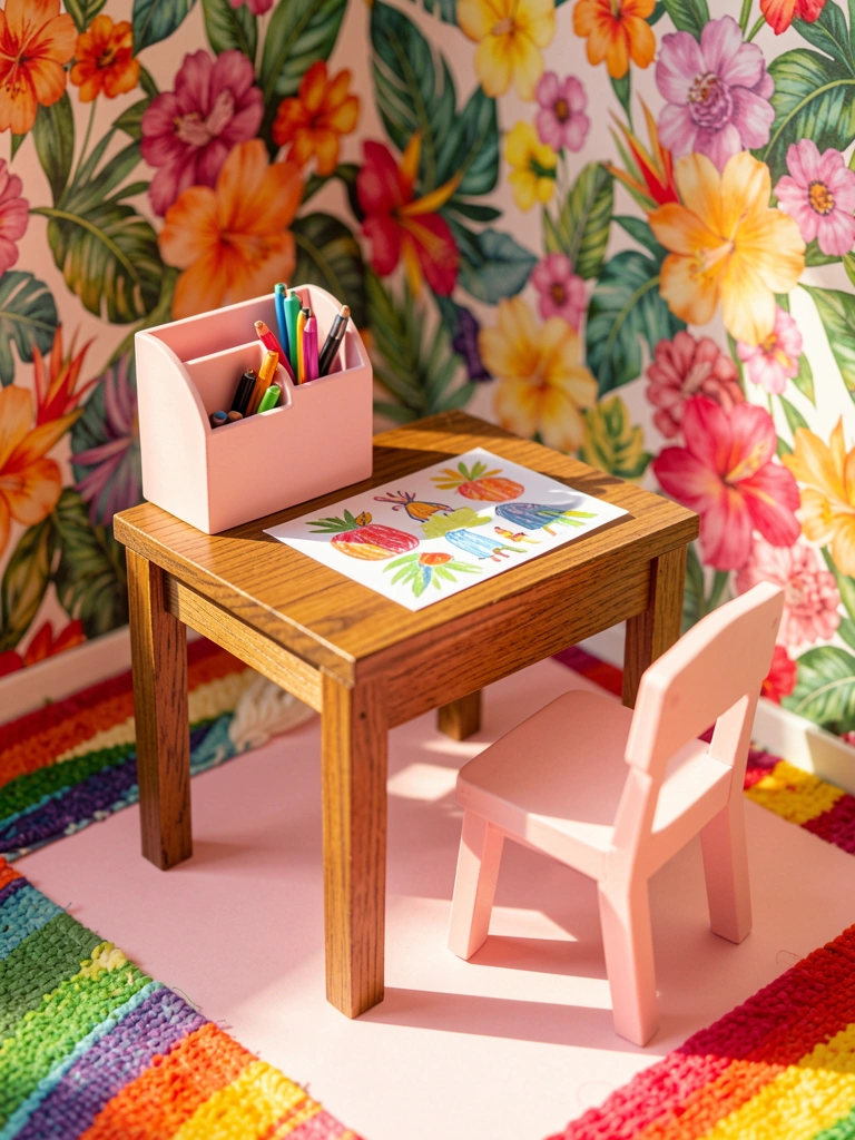 Mesa de madeira em miniatura com organizador rosa e desenho colorido, papel de parede floral e tapete arco-íris, luz natural.
