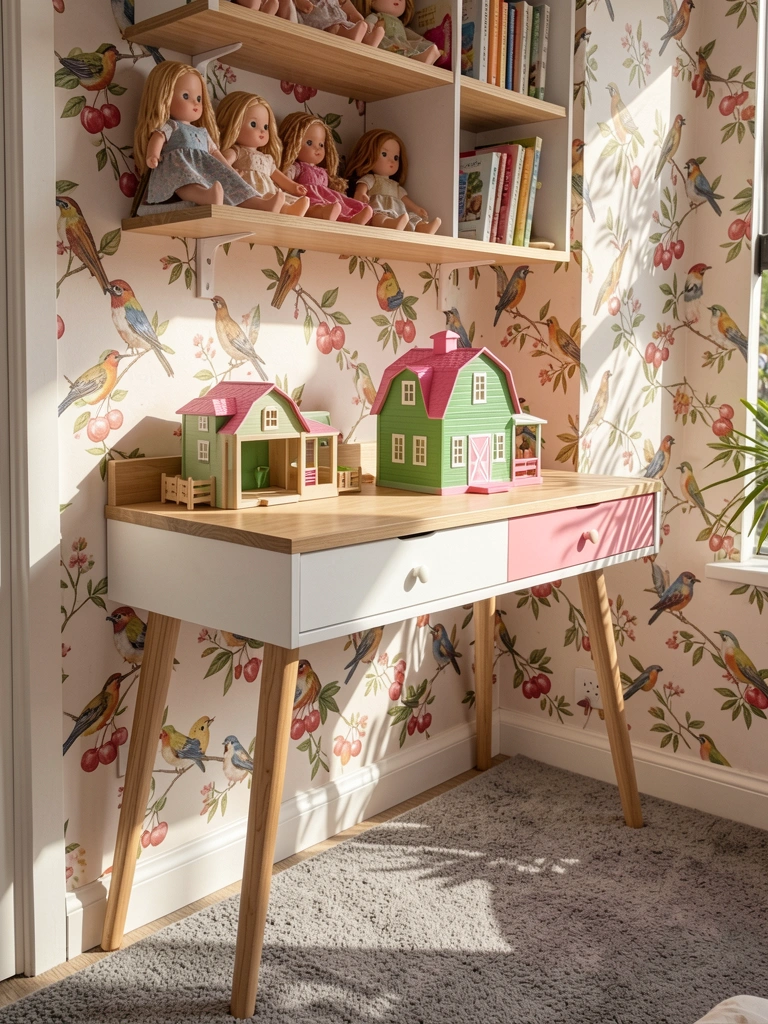 Mesa de madeira clara com gavetas rosa e branca, um playset verde de fazenda e prateleiras com bonecas e livros, sob luz natural.
