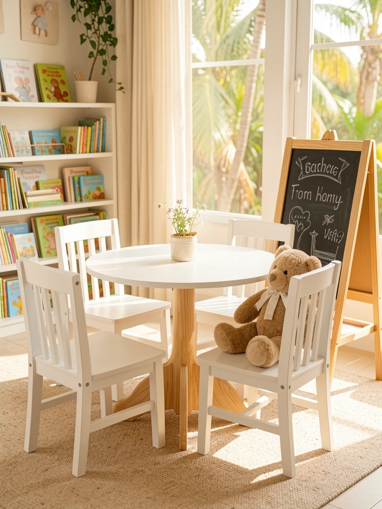Mesa redonda branca com quatro cadeiras de madeira e urso de pelúcia, luz natural entrando pela janela, estante com livros infantis ao fundo.