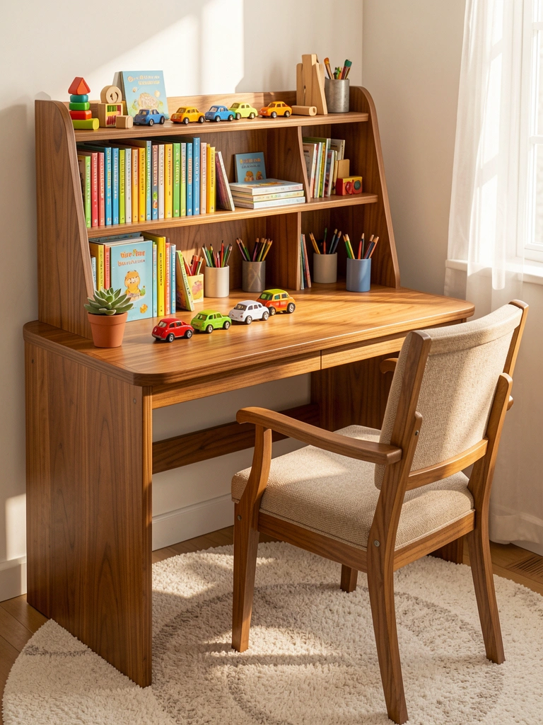 Mesa infantil de madeira com prateleira repleta de livros coloridos e carrinhos, cadeira estofada sobre tapete redondo, luz natural destacando texturas.