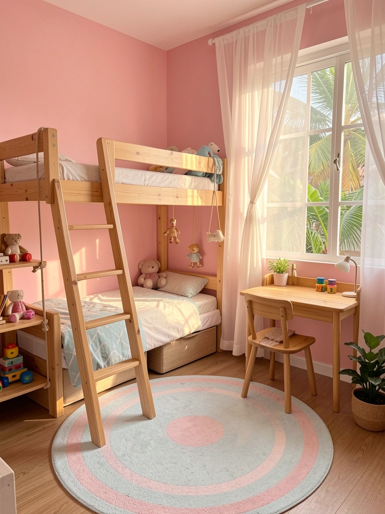 Beliche de madeira com escada embutida, tapete circular azul claro e rosa, mesa com cadeira, prateleira com brinquedos e vaso de planta, luz natural filtrada por cortina branca.