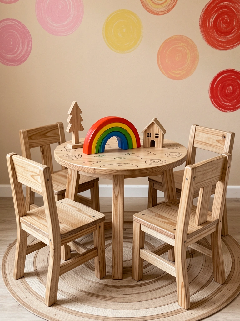 Conjunto infantil de mesa e cadeiras de madeira clara com brinquedos de madeira sobre a mesa, parede bege com círculos pintados e luz natural suave.