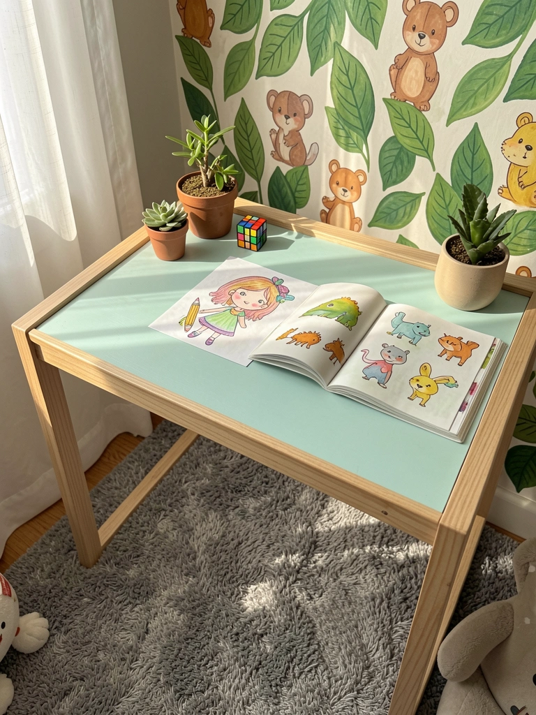 Mesa azul-petróleo com desenho infantil, cubo mágico, suculenta e livro aberto, luz difusa e parede pintada com folhas verdes.