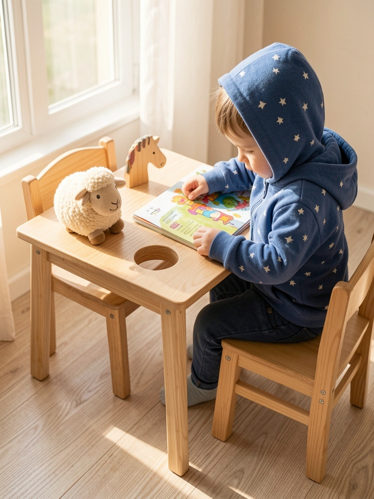 Mesa infantil de madeira clara com suporte para copo, ursinho de pelúcia e cavalo de madeira; criança de moletom azul estrelado lê livro colorido à luz natural.
