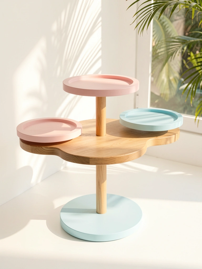 Mesa em nuvem de madeira com prateleiras rosa-claro e azul-claro, luz natural filtrada por janela.