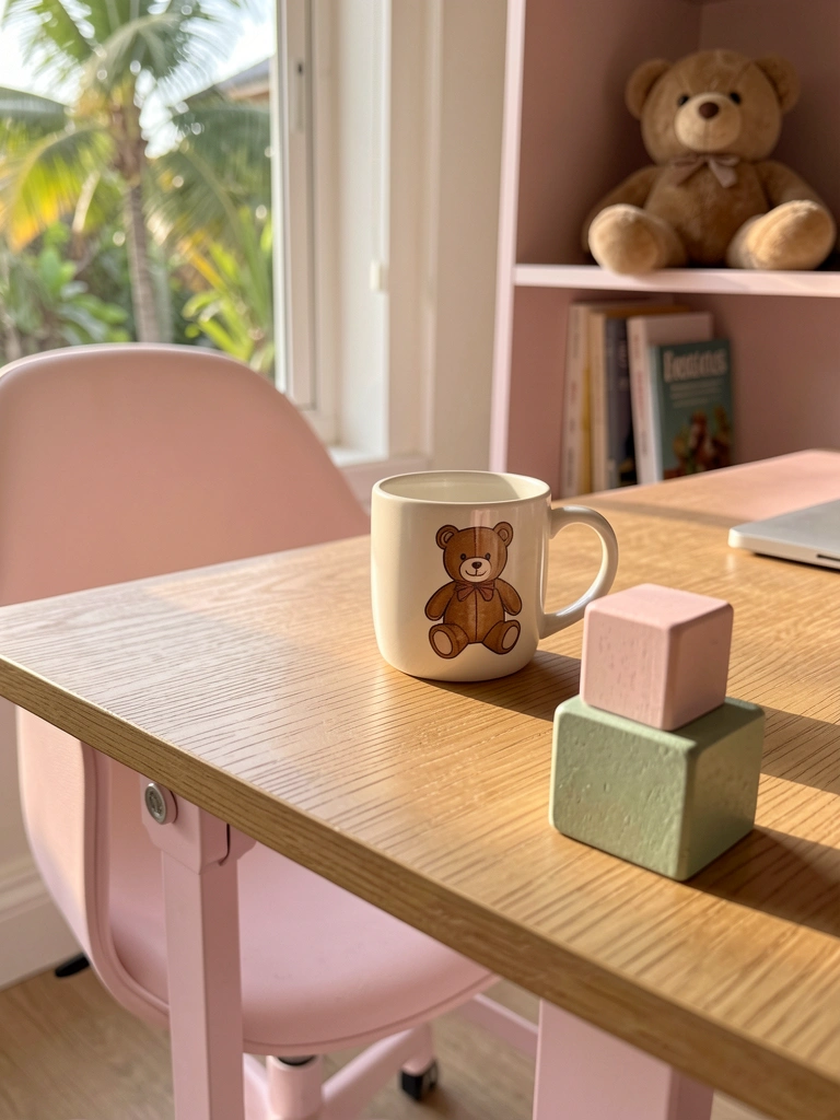 Mesa de madeira clara ajustável com caneca de urso e blocos rosa e verde, luz natural e urso de pelúcia na estante ao fundo.
