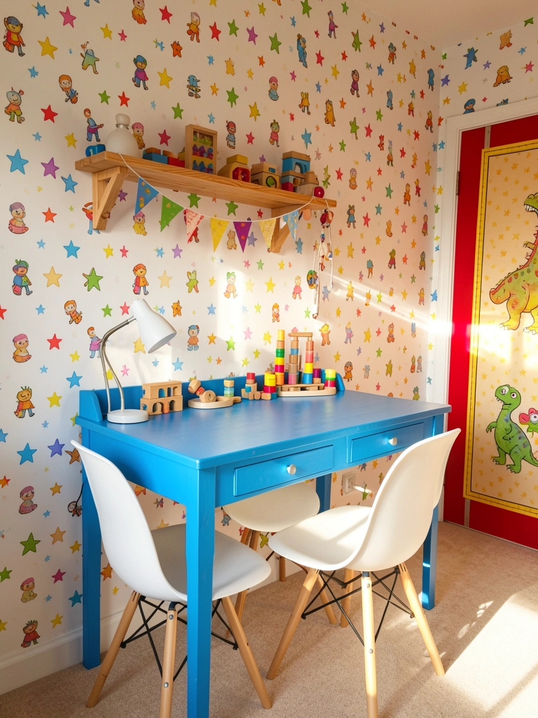 Mesa azul clara com duas cadeiras Eames brancas, parede com estrelas coloridas e personagens, luz natural entrando pela janela.