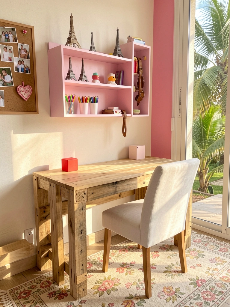 Mesa infantil de paletes clara com cadeira estofada branca, estante rosa com mini torres Eiffel e lápis coloridos, luz natural tropical.