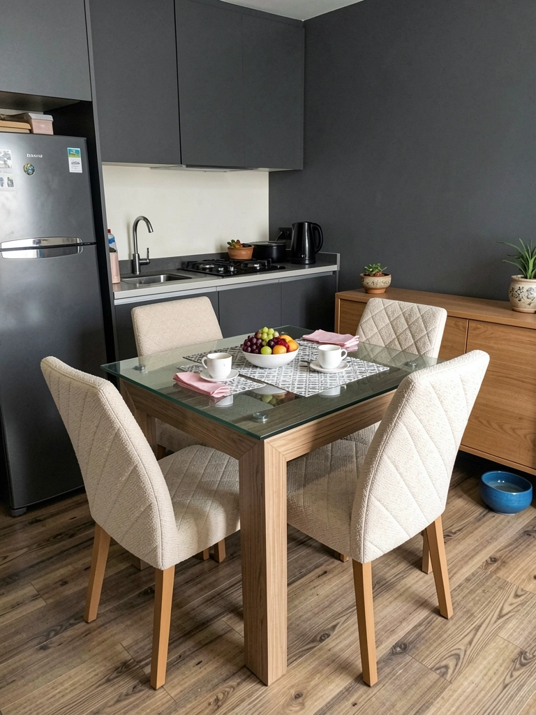 Mesa redonda de madeira com tampo branco e quatro cadeiras em cozinha compacta com armários azuis.