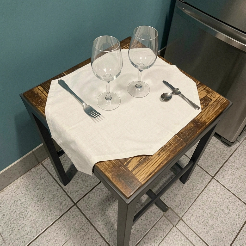Mesa de jantar redonda de madeira clara com quatro cadeiras em cozinha compacta de paredes brancas.