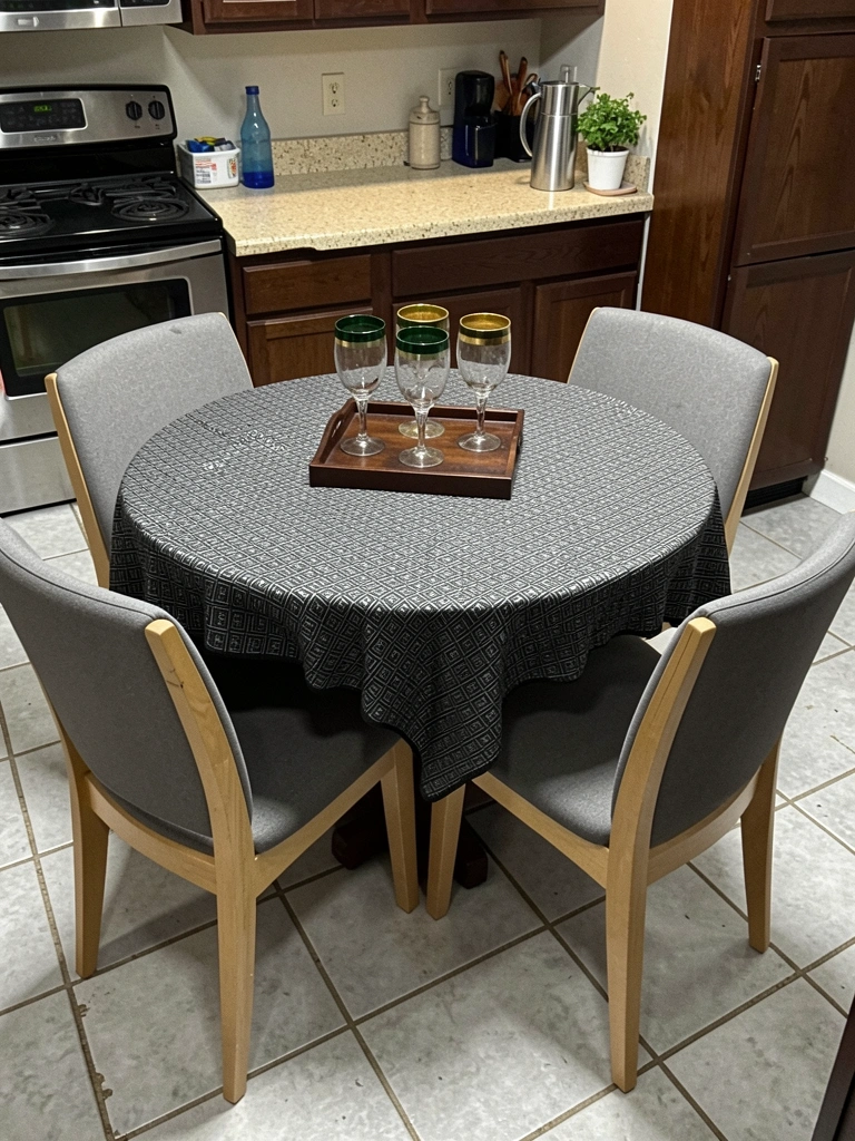 Mesa redonda de madeira clara com quatro cadeiras em cozinha compacta de paredes brancas.