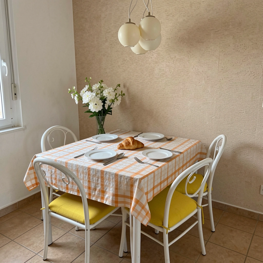 Mesa de madeira redonda com duas cadeiras em cozinha compacta, parede branca e bancada ao fundo.