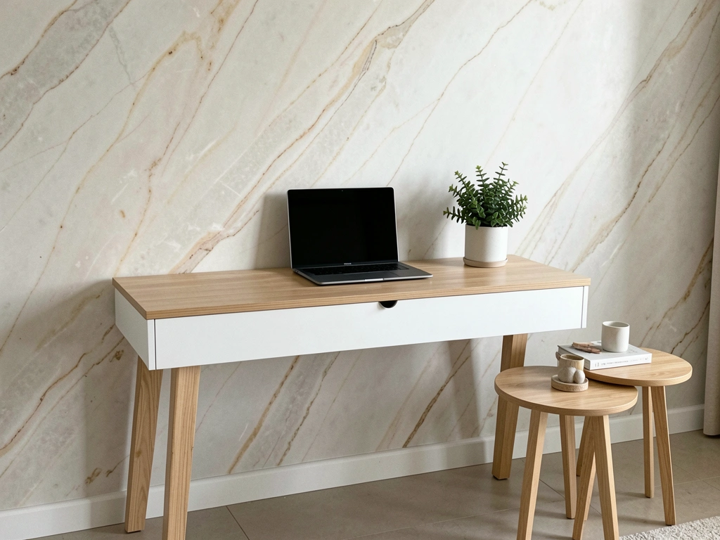 Laptop aberto sobre mesa de madeira clara com gaveta branca, vaso de planta ao lado, mesinhas laterais e parede de mármore ao fundo, luz natural.