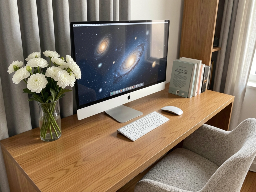 Mesa de madeira clara com monitor e vaso de flores brancas, teclado sem fio e livros empilhados, cortinas cinza e cadeira texturizada ao fundo.