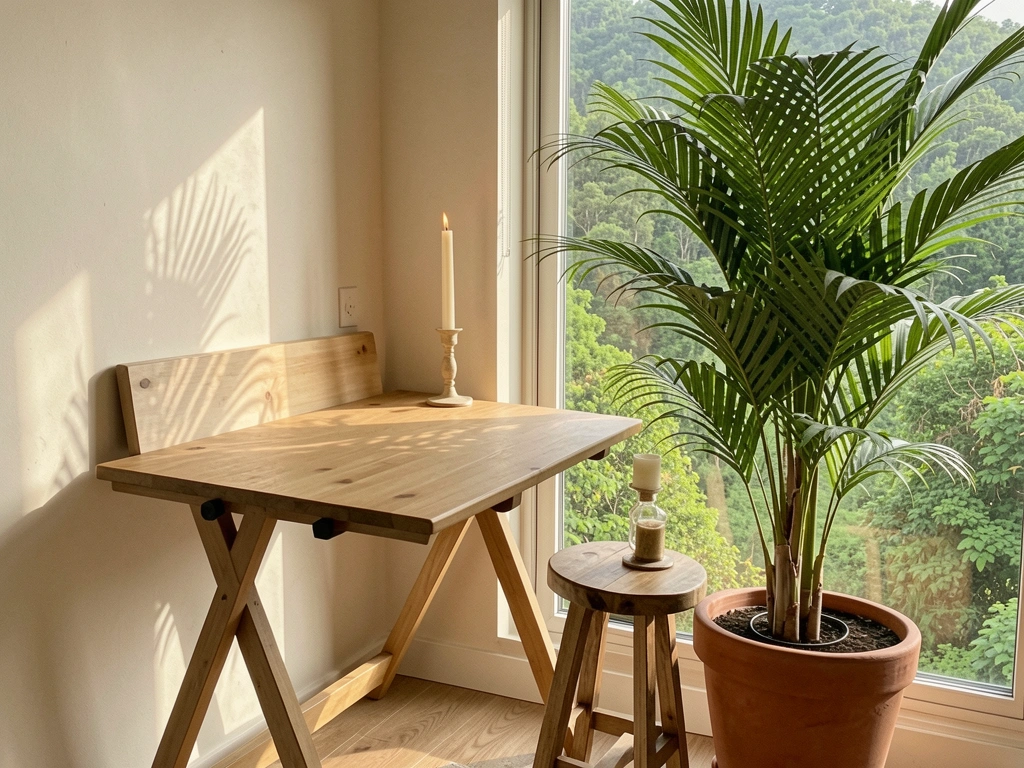 Mesa dobrável de madeira com vaso de palmeira e banquinho com vela, luz natural entrando por janela com paisagem verde.