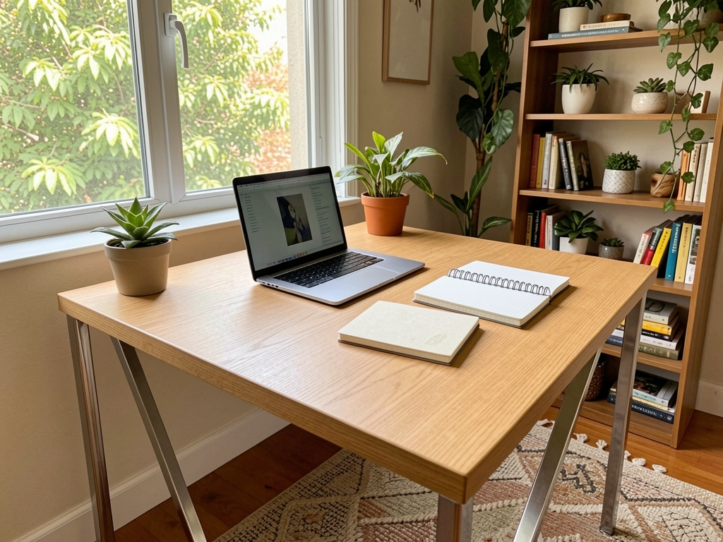 Laptop aberto sobre escrivaninha de madeira clara com pernas metálicas, caderno e vaso de planta, janela com vista verde e estante com livros ao fundo.