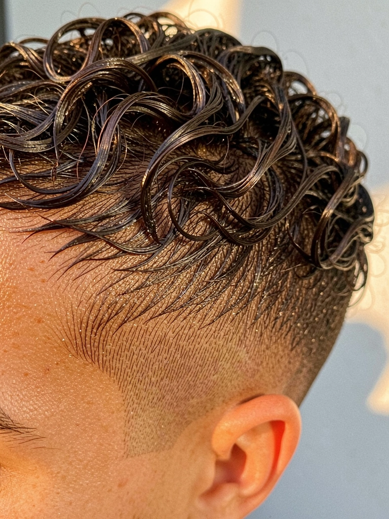 Jovem com cabelo crespo molhado e brilhante, fade preciso começando na têmpora, fundo cinza claro com sombras quentes.