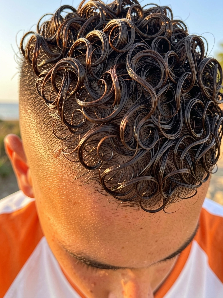 Jovem com cabelo cacheado escuro molhado e brilhante, fade e textura definidos, camiseta branca e laranja, luz natural de dia.