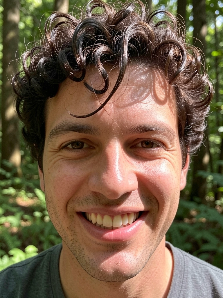 Homem de cabelo crespo escuro com mecha sobre a testa, sorriso largo com dentes tortos, pele saudável, luz natural suave, fundo de floresta desfocado com sol filtrado.