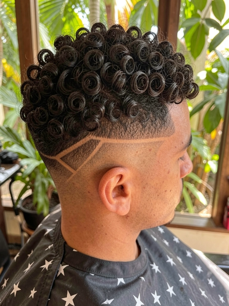 Homem com cabelo crespo escuro em corte mid fade, com design geométrico na nuca, capa de barbeiro estampada, luz natural filtrada por folhagens.