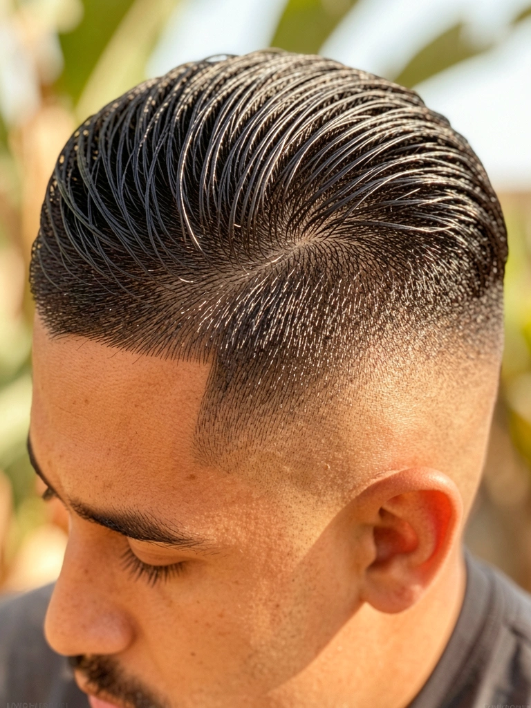 Homem com cabelo escuro texturizado, corte fade alto com linhas definidas, luz natural quente e fundo desfocado.
