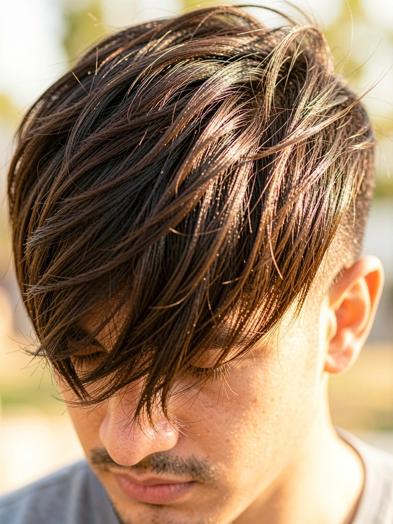 Homem com cabelo castanho-escuro volumoso, corte undercut com franja texturizada, luz difusa quente e fundo desfocado ao ar livre.