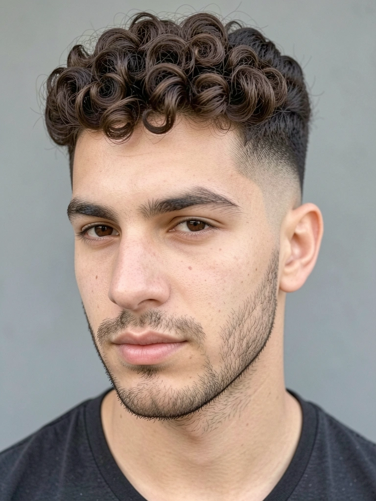 Jovem de cabelo cacheado escuro com undercut e fade, barba rala, olhar confiante, iluminação natural suave sobre fundo cinza.