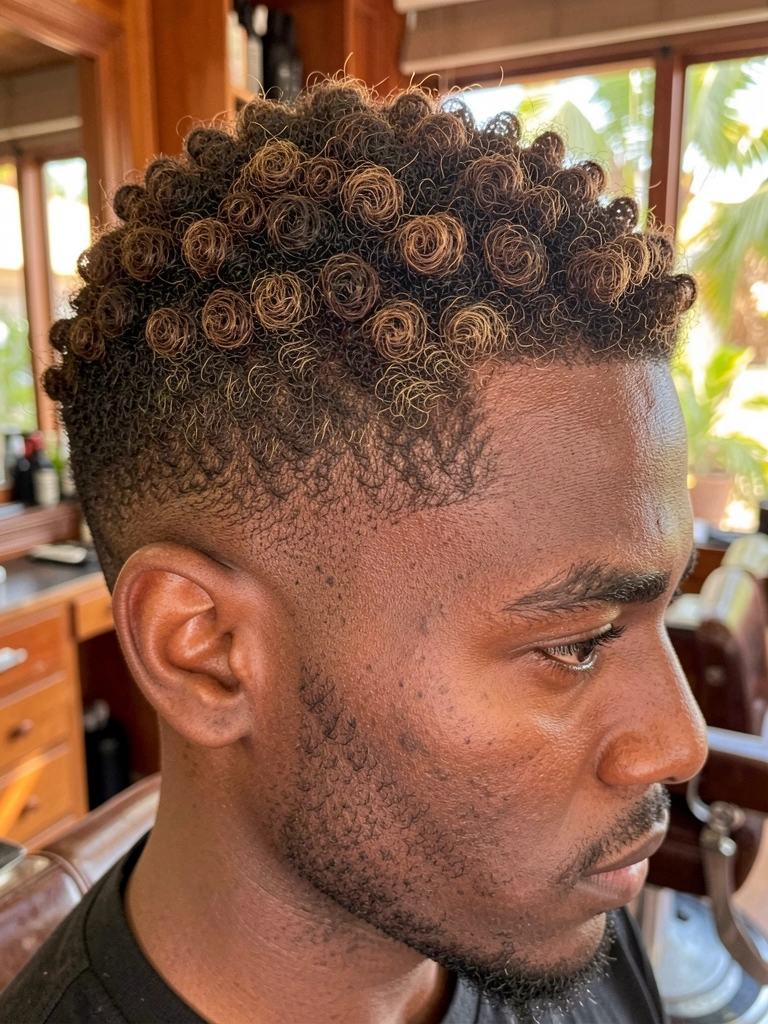 Homem negro com cabelo texturizado em mid fade e undercut, barba definida, luz natural difusa, fundo desfocado de barbearia com tons de madeira.