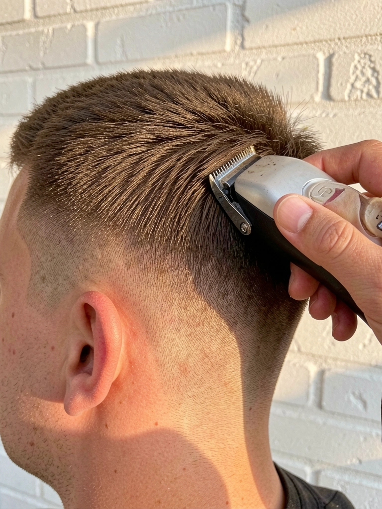 Barbeador elétrico cortando cabelo castanho curto com fade em camadas, parede de tijolos brancos texturizada e luz natural.