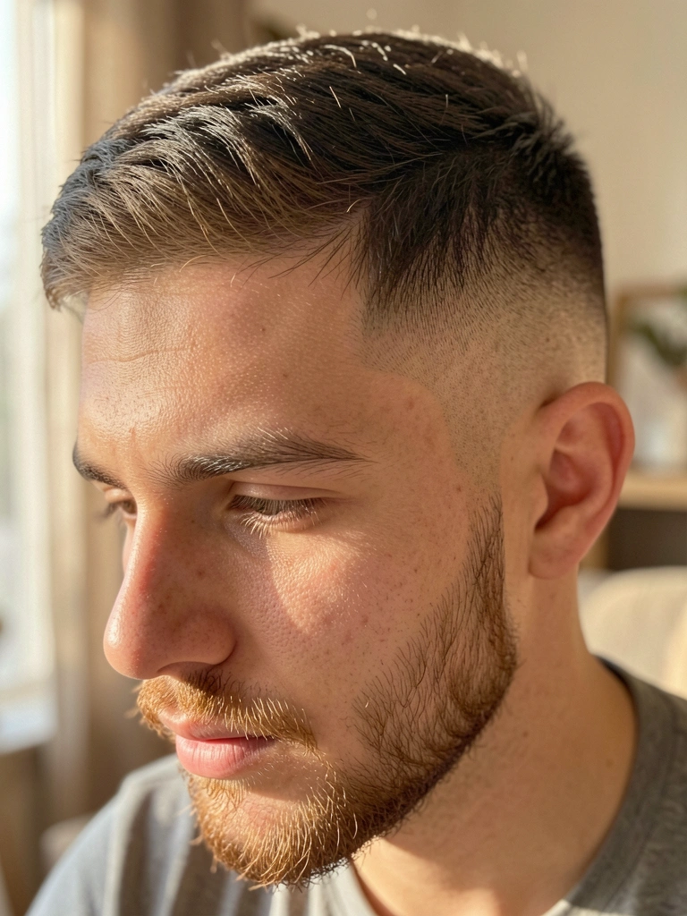 Jovem com cabelo degradê de castanho escuro a bege claro, barba e bigode aparados, iluminado por luz natural suave.