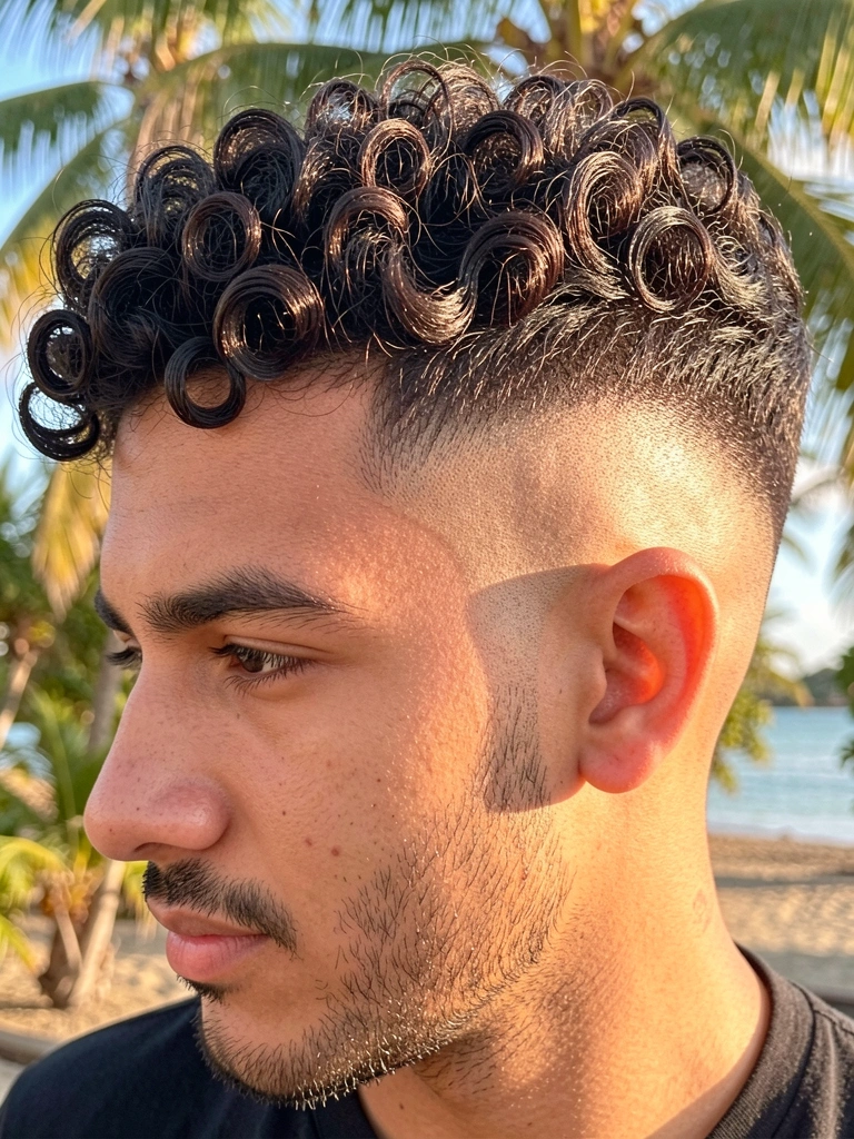 Jovem com cabelo cacheado escuro, mid fade e barba feita, luz natural quente e fundo desfocado.