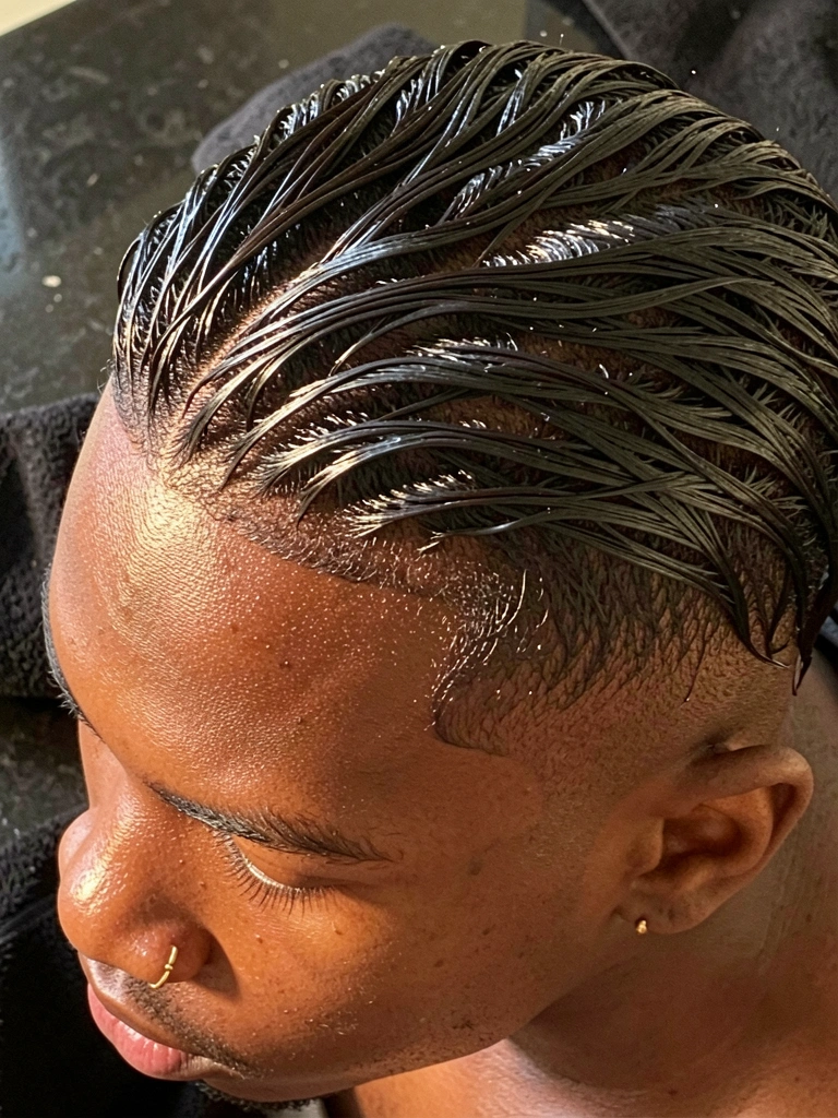 Jovem negro com cabelo texturizado molhado e brilhante, partido lateral, sob luz natural, com piercing no nariz e fundo escuro refletivo.