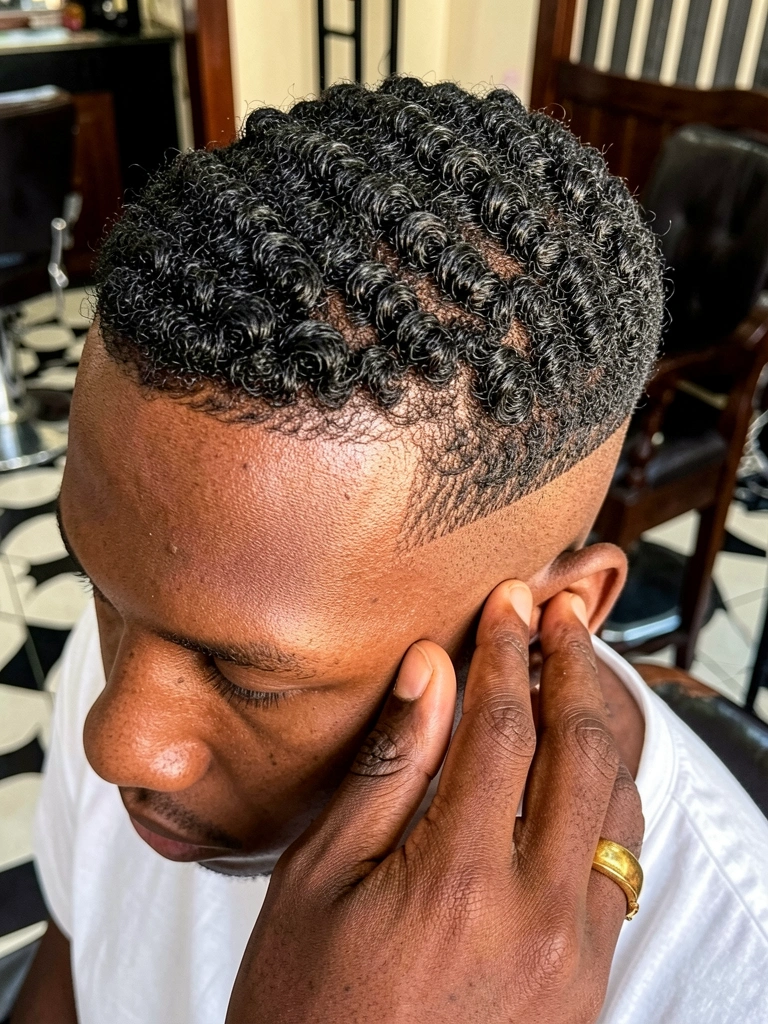 Close-up de homem negro com cabelo texturizado em undercut fade, mão negra tocando sua orelha, barbearia com piso xadrez e cadeira de madeira escura.