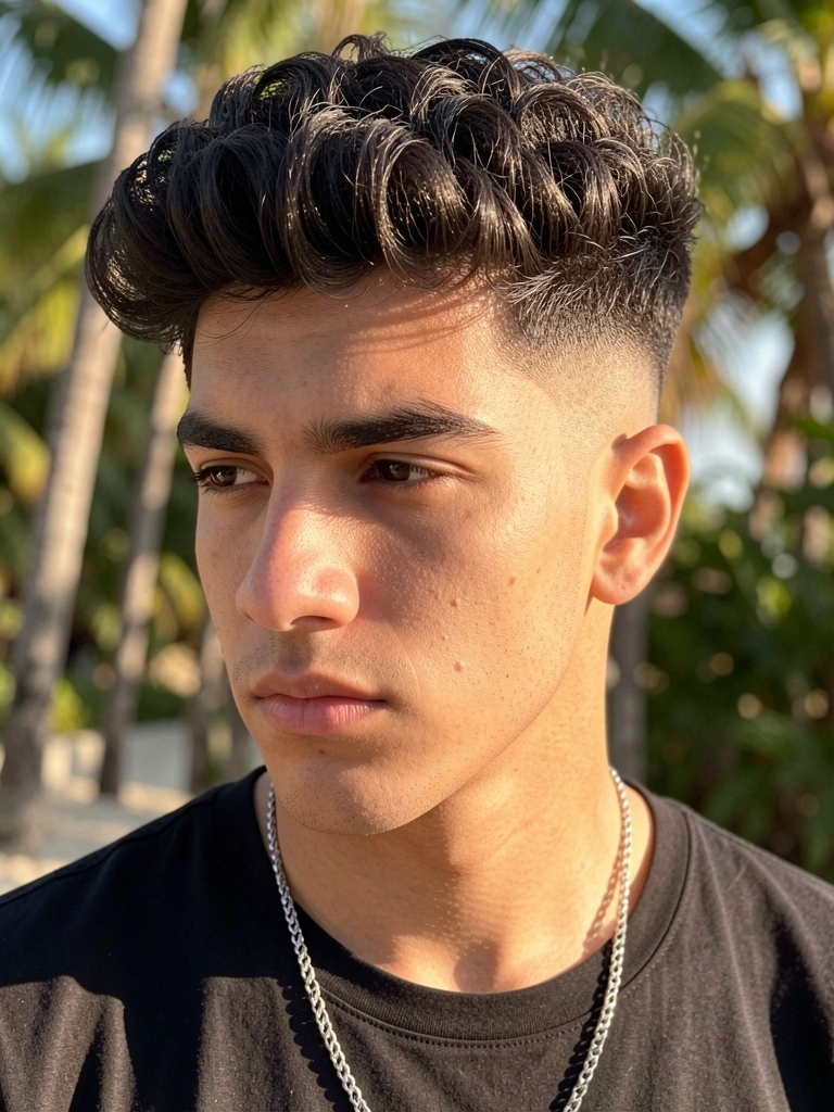 Jovem de cabelo cacheado volumoso com fade alto, camiseta preta e colar de prata, luz natural quente com sombras suaves no rosto.