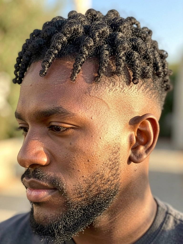 Close-up de homem negro com cabelo crespo cortado em fade e barba definida, luz natural e fundo desfocado.