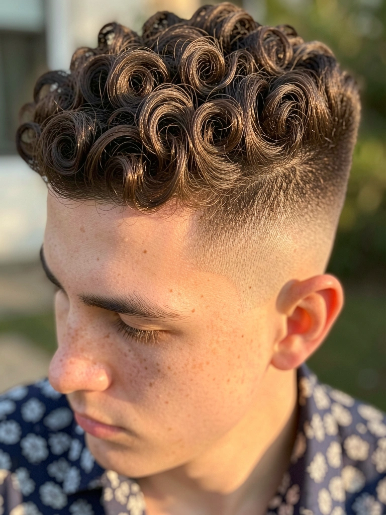 Jovem de cabelo cacheado escuro com fade nas laterais, camisa xadrez azul escura e branca, luz natural difusa, foco na textura dos fios.