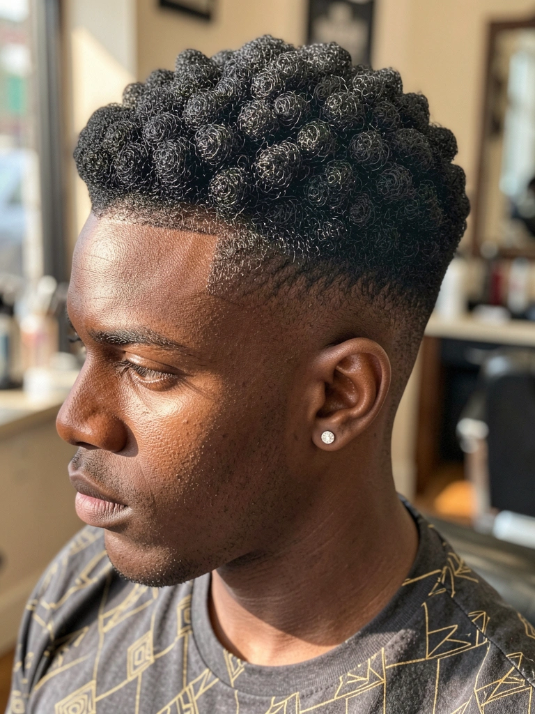 Retrato de homem negro com cabelo black power texturizado e fade alto, brinco de diamante, camiseta cinza com padrão geométrico, iluminação natural suave.