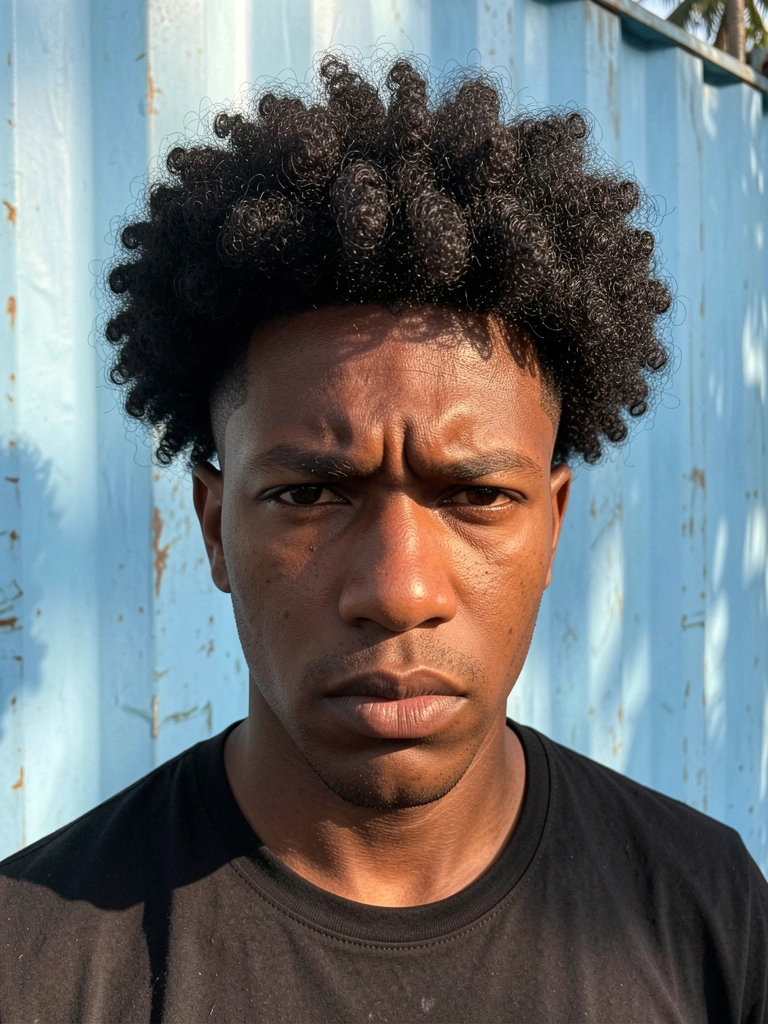 Jovem negro com cabelo afro volumoso em mid fade, expressão séria, camiseta preta, fundo de parede azul claro texturizada com luz natural.