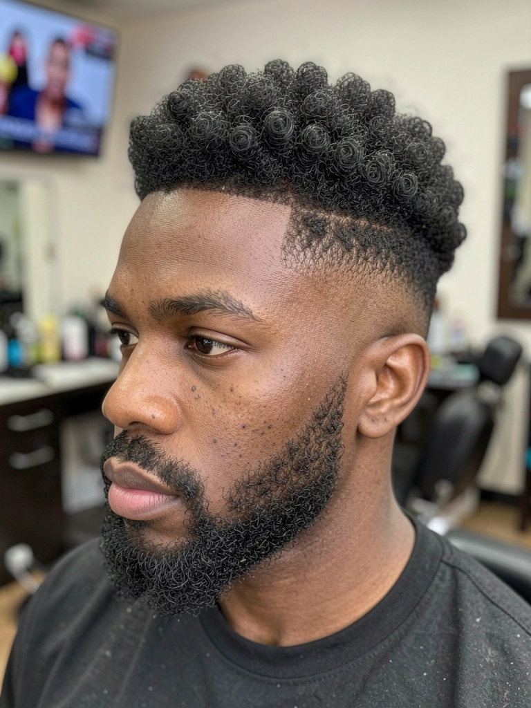 Homem negro com cabelo cacheado e fade militar, barba definida, luz suave e TV ao fundo no barbeiro.